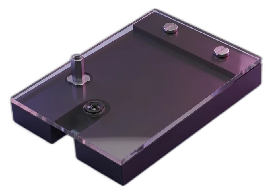 Microscopio DúoLab en render de estudio, fondo transparente, con acento de marca morado